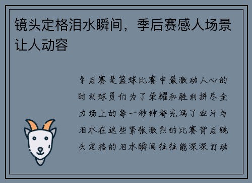 镜头定格泪水瞬间，季后赛感人场景让人动容