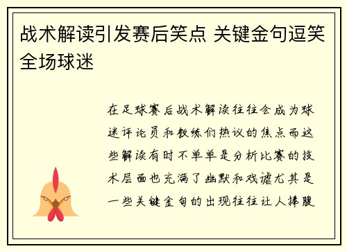 战术解读引发赛后笑点 关键金句逗笑全场球迷 战术解读引发赛后笑点 关键金句逗笑全场球迷