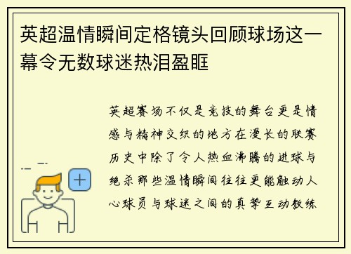 英超温情瞬间定格镜头回顾球场这一幕令无数球迷热泪盈眶